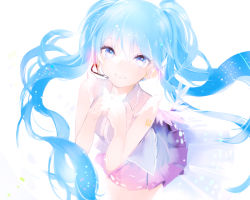 Rule 34 | 1girl, blue eyes, blue hair, hatsune miku, headset, long hair, looking at viewer, lpip, matching hair/eyes, skirt, solo, twintails, very long hair, vocaloid, white background