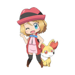 1girl ;d aqua_eyes blonde_hair blue_ribbon blush boots brown_footwear chibi commentary creatures_(company) dress eyelashes fennekin game_freak gen_6_pokemon hand_on_own_hip hand_up happy hat medium_hair neck_ribbon nintendo one_eye_closed open_mouth pink_dress pink_hat pokemon pokemon_(anime) pokemon_(creature) pokemon_xy_(anime) red_vest ribbon scarletsky serena_(pokemon) smile standing thighhighs vest