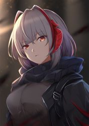 Rule 34 | 1girl, arknights, bad id, bad pixiv id, black jacket, black scarf, blurry, blurry background, breasts, brown eyes, commentary, grey shirt, highres, horns, jacket, large breasts, looking at viewer, open clothes, open jacket, parted lips, san zhi chun, scarf, shirt, short hair, silver hair, solo, upper body, w (arknights)