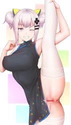 Rule 34 | 1girl, ;d, alternate costume, alternate hairstyle, anus, black dress, blue eyes, breasts, censored, china dress, chinese clothes, covered erect nipples, dress, female pubic hair, flexible, ginhaha, grin, hair bun, hair ornament, heart, heart-shaped pupils, kaguya luna, large breasts, leg up, looking at viewer, mosaic censoring, no panties, one eye closed, open mouth, pubic hair, pussy, silver hair, single hair bun, smile, solo, split, standing, standing on one leg, standing split, symbol-shaped pupils, teeth, the moon studio, thighhighs, virtual youtuber, white thighhighs