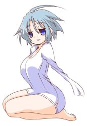Rule 34 | 100 percent orange juice, 1girl, ahoge, amputee, bare legs, barefoot, blue hair, breasts, cleavage, collarbone, commentary request, double amputee, dress, full body, hair between eyes, hono, long shirt, long sleeves, looking at viewer, looking to the side, medium breasts, nath (orange juice), parted lips, purple eyes, seiza, short dress, short hair, sitting, soles, solo, suguri, white dress