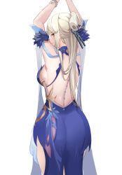 Rule 34 | 1girl, absurdres, arms up, backboob, backless dress, backless outfit, baige0, blue dress, breasts, closed mouth, cowboy shot, dress, from behind, frown, genshin impact, highres, large breasts, long hair, looking at viewer, looking back, nape, ningguang (genshin impact), ningguang (orchid&#039;s evening gown) (genshin impact), orange eyes, restrained, sideboob, simple background, sketch, solo, torn clothes, torn dress, tsurime, white background, white hair, wristband