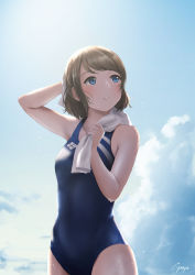 Rule 34 | 10s, 1girl, arm up, bad id, bad pixiv id, blue eyes, blue one-piece swimsuit, blue sky, cloud, competition swimsuit, cowboy shot, day, drying, drying hair, grey hair, highres, looking up, love live!, love live! sunshine!!, one-piece swimsuit, outdoors, papi (papiron100), parted lips, short hair, signature, sky, solo, standing, swimsuit, towel, towel around neck, watanabe you, water, wet, wet hair