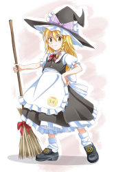 Rule 34 | 1girl, alice margatroid, apron, black dress, blonde hair, blush, braid, broom, dress, female focus, full body, hand on own hip, hat, hip focus, kirisame marisa, lingerie, long hair, petticoat, ribbon, shoes, socks, solo, standing, touhou, tri, underwear, white background, witch, witch hat, yellow eyes
