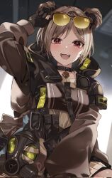 Rule 34 | 1girl, black choker, black gloves, blush, brown jacket, choker, commentary request, commission, corrupted twitter file, double bun, eyewear on head, gas mask, girls&#039; frontline, gloves, hair bun, hand up, highres, hood, hooded jacket, jacket, light brown hair, looking at viewer, mask, open clothes, open jacket, p90 (girls&#039; frontline), partially fingerless gloves, pouch, red eyes, short hair, shunka tunacan, skeb commission, smile, solo, sunglasses, teeth, upper body, upper teeth only