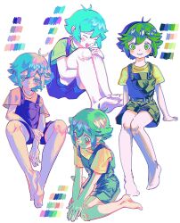 Rule 34 | 1boy, :d, androgynous, antenna hair, arm between legs, bare legs, barefoot, basil (headspace) (omori), basil (omori), blue eyes, blue hair, blush, closed eyes, closed mouth, color guide, feet, frown, green eyes, green hair, green shirt, hand on own arm, hand on own knee, highres, invisible chair, knees up, legs, looking at viewer, male focus, multicolored hair, multiple views, omori, open mouth, orange shirt, overalls, ow12714, shirt, short hair, short sleeves, sidelocks, simple background, sitting, smile, soles, teeth, toes, upper teeth only, wariza, white background, yellow shirt