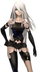 Rule 34 | 1girl, android, black gloves, blue eyes, breasts, elbow gloves, gloves, hair over one eye, hand on own hip, highres, joints, laio, long hair, medium breasts, mole, mole under mouth, nier (series), nier:automata, robot joints, short shorts, shorts, silver hair, simple background, solo, white background, a2 (nier:automata)