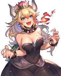 Rule 34 | 1girl, armlet, bare shoulders, black dress, blonde hair, blue eyes, blush, bowsette, bracelet, breasts, cleavage, collar, covered navel, crown, dress, earrings, evil grin, evil smile, female focus, fire, grin, hair between eyes, hand on own hip, hand up, horns, jewelry, large breasts, long hair, looking at another, looking at viewer, mario (series), monster girl, nail polish, new super mario bros. u deluxe, nintendo, open mouth, oro (sumakaita), pointy ears, simple background, smile, solo, spiked armlet, spiked bracelet, spiked collar, spiked shell, spikes, strapless, strapless dress, super crown, super mario bros. 1, white background