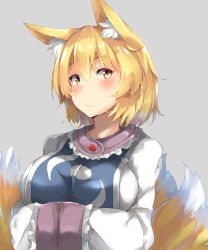 Rule 34 | 1girl, animal ear fluff, animal ears, blonde hair, breasts, dress, fox ears, fox tail, grey background, hands in opposite sleeves, highres, looking at viewer, multiple tails, neko pachi, no headwear, short hair, simple background, solo, tabard, tail, touhou, upper body, white dress, yakumo ran, yellow eyes