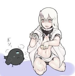 Rule 34 | 1girl, :d, abyssal ship, alternate skin color, black panties, commentary request, convenient arm, crossed bangs, enemy aircraft (kancolle), escort princess, fingernails, food, full body, geromonja teitoku, grey nails, groin, hair between eyes, holding, holding food, horns, kantai collection, kneeling, legs apart, long hair, looking at another, nail polish, navel, open mouth, orange pupils, pale skin, panties, potato, puffy short sleeves, puffy sleeves, revealing clothes, shaded face, shibafu (glock23) (style), short sleeves, simple background, single horn, smile, solo, stomach, tareme, underwear, white background, white hair