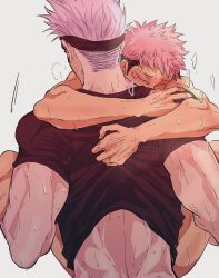 2boys age_difference back black_blindfold black_shirt blindfold blush gojou_satoru hair_up highres hug implied_sex itadori_yuuji jujutsu_kaisen kawuso_gy male_focus multiple_boys muscular muscular_male pink_hair scar scar_on_face shirt short_hair simple_background sweat undercut white_background white_hair yaoi