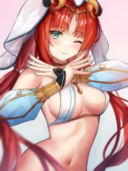 Rule 34 | 1girl, ;), absurdres, aqua eyes, atychi, breasts, genshin impact, highres, horns, long hair, long sleeves, looking at viewer, medium breasts, navel, nilou (genshin impact), one eye closed, out-of-frame censoring, puffy long sleeves, puffy sleeves, red hair, smile, solo, stomach, twintails, vambraces, veil