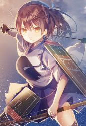 Rule 34 | 10s, 1girl, arrow (projectile), bad id, bad twitter id, bow (weapon), brown eyes, brown hair, gloves, highres, io enishi, japanese clothes, kaga (kancolle), kantai collection, long hair, muneate, open mouth, side ponytail, skirt, solo, weapon