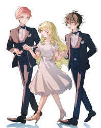 Rule 34 | 1girl, 2boys, absurdres, aqua eyes, arm behind back, black bow, black bowtie, black footwear, black hair, black pants, blonde hair, bow, bowtie, breast pocket, closed eyes, closed mouth, commentary request, dress, ensemble stars!, facing another, formal, full body, hair between eyes, high heels, highres, holding hands, itsuki shu, jacket, kagehira mika, lapels, long hair, looking at another, mademoiselle (ensemble stars!), multiple boys, open clothes, open jacket, open mouth, pants, pink hair, pocket, purple eyes, short bangs, short hair, short sleeves, valkyrie (ensemble stars!), vest, wednesday 108, white background, white dress, yellow eyes