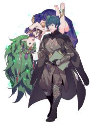 Rule 34 | 1boy, 1girl, anklet, armor, bare shoulders, barefoot, black armor, black cape, black footwear, black gloves, black pants, blue dress, blue hair, boots, braid, byleth (fire emblem), byleth (male) (fire emblem), byuub, cape, clothing cutout, commentary request, crossed arms, cup, dagger, dress, fire emblem, fire emblem: three houses, floating, full body, gauntlets, gloves, green eyes, green hair, hair between eyes, hair ornament, highres, holding, holding cup, jewelry, knife, long hair, looking at another, mug, nintendo, open mouth, pants, pointy ears, purple eyes, sheath, sheathed, short hair, simple background, sothis (fire emblem), sweatdrop, teeth, upper teeth only, upside-down, very long hair, weapon, white background
