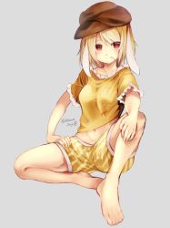 Rule 34 | 1girl, animal ears, artist name, bare legs, barefoot, blonde hair, blush, breasts, brown hat, cabbie hat, chikuwa savy, commentary request, grey background, hat, knee up, looking at viewer, medium breasts, midriff, mouth hold, navel, rabbit ears, red eyes, ringo (touhou), shirt, short hair, short shorts, short sleeves, shorts, simple background, sitting, smile, solo, thighs, touhou, twitter username, yellow shirt, yellow shorts