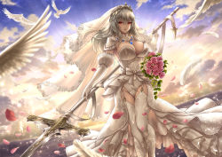 Rule 34 | 1girl, alternate costume, armpits, azur lane, bad id, bad pixiv id, bird, blue gemstone, bouquet, breasts, bridal veil, cleavage, detached sleeves, dress, elbow gloves, feathers, flower, garter straps, gem, gloves, gluteal fold, grey hair, groin, hair between eyes, hair ornament, highres, holding, holding weapon, large breasts, leotard, light particles, lioreo, long hair, looking at viewer, mole, mole under eye, no bra, open mouth, outdoors, petals, pink flower, pink rose, polearm, puffy short sleeves, puffy sleeves, red eyes, rose, saint-louis (azur lane), short sleeves, sky, solo, sparkle, star (sky), starry sky, sunset, thighhighs, thighs, tiara, veil, water, weapon, wedding dress, white dress, white gloves, white leotard, white thighhighs
