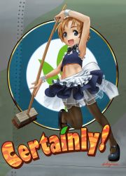 Rule 34 | 10s, 1girl, abazu-red, alternate costume, apron, armpits, black footwear, black pantyhose, blue eyes, blue shirt, blue skirt, bow, braid, broom, cleaning brush, english text, enmaided, frilled skirt, frills, girls und panzer, highres, lace, lace-trimmed shirt, lace trim, lolita fashion, looking at viewer, maid, maid apron, maid headdress, mary janes, midriff, neck ribbon, nose art, open mouth, orange hair, orange pekoe (girls und panzer), pantyhose, petticoat, ribbon, see-through, shirt, shoes, short hair, skirt, sleeveless, sleeveless shirt, smile, solo, twitter username, waist apron, white apron, wrist cuffs
