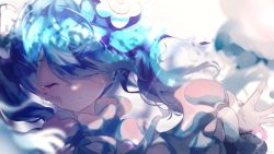 Rule 34 | 1girl, blue hair, blurry, blurry foreground, close-up, closed eyes, closed mouth, cloud, commentary, dappled sunlight, eyebrows hidden by hair, facing viewer, flower, fuyuzuki gato, hand up, hatsune miku, light rays, long hair, magical mirai (vocaloid), magical mirai miku, magical mirai miku (2021), pink flower, portrait, smile, solo, sunlight, swept bangs, tears, twintails, twitter username, vocaloid