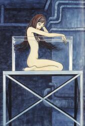 Rule 34 | 1girl, absurdres, barefoot, breasts, brown hair, completely nude, convenient censoring, hair censor, highres, horror (theme), in container, indoors, industrial pipe, itou junji, kawakami tomie, long hair, looking at viewer, medium breasts, multicolored hair, no pupils, nude, official art, partially submerged, red lips, scan, sitting, soles, solo, toes, tomie, traditional media, warehouse, water