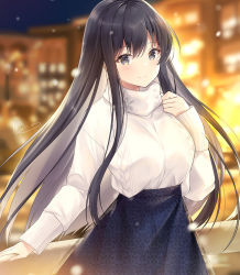 Rule 34 | 1girl, aran sweater, black hair, black skirt, blurry, blurry background, blush, bokeh, breasts, cable knit, closed mouth, commentary, depth of field, floral print, grey eyes, hair between eyes, hand on own chest, kagachi saku, large breasts, long hair, long sleeves, looking at viewer, night, original, sidelocks, signature, skirt, smile, snowflake ornament, snowing, solo, standing, sweater, symbol-only commentary, turtleneck, turtleneck sweater, very long hair, white sweater