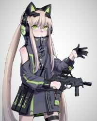 Rule 34 | 1girl, alma01, animal ear headphones, animal ears, black gloves, cat ear headphones, cat ears, character name, closed mouth, commentary request, fake animal ears, girls&#039; frontline, gloves, green eyes, grey background, grey jacket, gun, hair between eyes, half gloves, headphones, holding, holding gun, holding weapon, jacket, light brown hair, long hair, long sleeves, looking at viewer, name connection, object namesake, scope, sidelocks, skindentation, solo, b&amp;t mp9, submachine gun, thigh strap, tmp (girls&#039; frontline), trigger discipline, twintails, very long hair, weapon