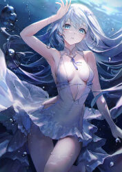 Rule 34 | 1girl, air bubble, arm up, armpits, bangle, bare arms, bare shoulders, barefoot, blue eyes, bracelet, breasts, breasts apart, bubble, center opening, clothing cutout, commentary, covered navel, dress, floating hair, frilled dress, frills, hand on own head, highres, jewelry, long hair, looking at viewer, looking up, medium breasts, myoushun, original, parted lips, sideboob, sidelocks, sleeveless, sleeveless dress, solo, symbol-only commentary, taut clothes, taut dress, thighs, underwater, water, white dress, white hair