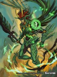 Rule 34 | 1boy, armor, colored skin, copyright name, feathers, force of will, gloves, green skin, horns, long hair, magic circle, male focus, official art, red eyes, red hair, solo, staff