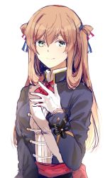 Rule 34 | 1girl, bad id, bad pixiv id, brown hair, colored eyelashes, eyebrows, girls&#039; frontline, gloves, green eyes, hair between eyes, hair ribbon, hair rings, long hair, long sleeves, looking at viewer, retto, ribbon, sash, simple background, smile, solo, springfield (girls&#039; frontline), white background