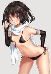Rule 34 | 10s, 1girl, arched back, bikini, black bikini, black gloves, black hair, brown eyes, collarbone, commentary request, elbow gloves, fang, fingerless gloves, flat chest, gloves, grey background, grin, hair between eyes, hair ornament, highres, kantai collection, keita (tundereyuina), leaning forward, looking at viewer, micro bikini, navel, open mouth, scarf, sendai (kancolle), sendai kai ni (kancolle), shiny clothes, shiny skin, short hair, simple background, smile, solo, swimsuit, teeth, two side up, white scarf