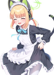 Rule 34 | 1girl, ^ ^, absurdres, blonde hair, blue archive, cat tail, closed eyes, fake tail, green halo, halo, highres, maid, maid headdress, midori (blue archive), midori (maid) (blue archive), official alternate costume, open mouth, short hair, simple background, smile, solo, sonao, tail, white background