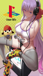 Rule 34 | 1girl, absurdres, adidas, bare arms, bare shoulders, bb (fate), black panties, blush, breasts, closed mouth, collarbone, controller, crossover, english text, fate/extra, fate (series), game controller, grey thighhighs, hair ornament, headphones, highres, holding, holding controller, holding game controller, large breasts, long hair, looking at viewer, nail polish, panties, parappa, parappa the rapper, playstation controller, purple eyes, purple hair, purple nails, reebok, reebok pump, shoes, sideboob, sitting, smile, sports bra, spread legs, television, thighhighs, thighs, underwear, uo denim, white sports bra, yellow background, yellow footwear