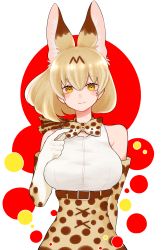 Rule 34 | 1girl, absurdres, animal ear fluff, animal ears, bare shoulders, belt, blonde hair, blouse, bow, bowtie, breasts, circle, elbow gloves, extra ears, gloves, hair between eyes, hand up, high-waist skirt, highres, kemono friends, large breasts, looking at viewer, notora, print bow, print bowtie, print gloves, print neckwear, print skirt, serval (kemono friends), serval print, shirt, short hair, simple background, skirt, sleeveless, sleeveless shirt, smile, solo, traditional bowtie, white shirt, yellow eyes