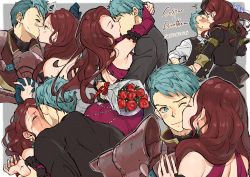 Rule 34 | 1boy, 1girl, aqua eyes, aqua hair, armor, arms around neck, backless dress, backless outfit, black dress, black headwear, black vest, blue gloves, blush, bouquet, breastplate, brown hair, caspar von bergliez, character name, couple, crying, detached sleeves, dorothea arnault, dress, earrings, english text, eyelashes, fire emblem, fire emblem: three houses, flower, garreg mach monastery uniform, gloves, green eyes, grey background, hat, hetero, highres, holding another&#039;s wrist, holding hands, hug, jewelry, kh (tanakananataka), kiss, kissing cheek, long hair, looking at viewer, multiple views, nintendo, one eye closed, own hands together, pink dress, profile, rose, shirt, short hair, shoulder armor, simple background, smile, spoken squiggle, squiggle, sweatdrop, swept bangs, tears, upper body, vambraces, vest, wavy hair, white shirt