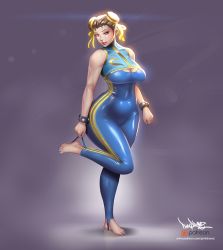 Rule 34 | 1girl, adapted costume, alternate costume, artist name, barefoot, blue bodysuit, blue nails, bodysuit, breasts, brown eyes, brown hair, capcom, chun-li, cleavage, cleavage cutout, clothing cutout, curvy, double bun, eyebrows, eyeshadow, full body, hair bun, hair ribbon, large breasts, leg up, lips, lipstick, makeup, nail polish, patreon logo, patreon username, pinkdrawz, purple background, red lips, ribbon, shiny clothes, shiny skin, signature, skin tight, sleeveless, smile, solo, standing, standing on one leg, stirrup legwear, street fighter, street fighter zero (series), studded bracelet, thick thighs, thighs, toeless legwear, toenail polish, toenails, toes, toned, unitard, watermark, web address, wide hips