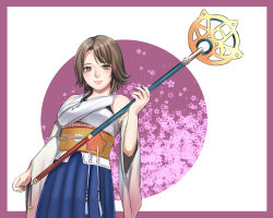 Rule 34 | 1girl, alternate eye color, breasts, brown hair, closed mouth, commentary request, detached sleeves, final fantasy, final fantasy x, final fantasy x-2, hakama, hakama skirt, highres, holding, japanese clothes, looking at viewer, miura hajime, short hair, skirt, smile, staff, weapon, yuna