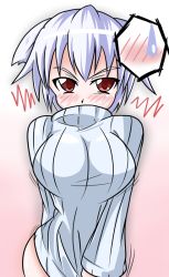 Rule 34 | 1girl, angry, animal ears, blush, bottomless, bouncing breasts, breasts, clothes pull, covered mouth, gradient background, inubashiri momiji, large breasts, looking at viewer, no headwear, red eyes, short hair, silver hair, solo, spoken blush, spoken sweatdrop, sweatdrop, sweater, sweater pull, touhou, tu-kon, wolf ears
