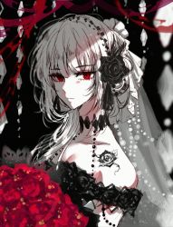 Rule 34 | 1girl, bouquet, breasts, expressionless, flower, highres, long hair, looking at viewer, nga (ray ray), original, red eyes, simple background, solo, veil, very long hair