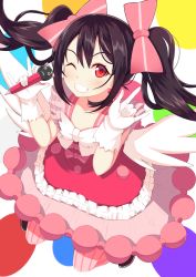 Rule 34 | 10s, 1girl, black hair, bow, clenched teeth, double m/, dress, gloves, grin, hair bow, highres, long hair, looking at viewer, love live!, love live! school idol festival, love live! school idol project, m/, microphone, nico nico nii, one eye closed, pantyhose, ponkotsu (ayarosu), red dress, red eyes, smile, solo, striped clothes, striped pantyhose, teeth, transparent background, twintails, vertical-striped clothes, vertical-striped pantyhose, white gloves, wings, wink, yazawa nico