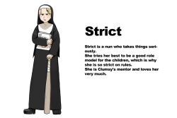 Rule 34 | 1girl, baseball bat, black footwear, blonde hair, blue eyes, character profile, diva (hyxpk), english text, flower, habit, hair flower, hair ornament, hairpin, highres, holding, holding paper, little nuns (diva), mole, mole on cheek, nun, paper, simple background, solo, strict nun (diva), white background