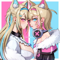Rule 34 | 2girls, animal collar, animal ear fluff, animal ears, artist name, belt collar, black collar, black jacket, blue brooch, blue eyes, blue hair, blue hairband, blush, border, breasts, closed mouth, collar, dated, detached collar, dog ears, dog girl, dreamoon-q, dress, eyelashes, fake horns, flat chest, frilled shirt collar, frills, from side, fur-trimmed jacket, fur trim, fuwawa abyssgard, fuwawa abyssgard (1st costume), hair ornament, hairband, hairclip, headphones, headphones around neck, heads together, highres, hololive, hololive english, horns, jacket, large breasts, light brown hair, long hair, looking at viewer, mococo abyssgard, mococo abyssgard (1st costume), multicolored hair, multiple girls, off shoulder, outside border, parted lips, pink brooch, pink eyes, pink hair, pink hairband, profile, shirt, short hair, siblings, sisters, smile, streaked hair, twins, two side up, upper body, virtual youtuber, white border, white dress, white shirt, x hair ornament