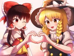 2girls :d ;) blonde_hair blush bow braid brown_eyes brown_hair detached_sleeves frilled_bow frilled_hair_tubes frills hair_bow hair_tubes hakurei_reimu hat hat_bow heart heart_hands heart_hands_duo highres kirbyearthbound kirisame_marisa long_hair multiple_girls one_eye_closed open_mouth red_bow red_eyes ribbon-trimmed_sleeves ribbon_trim short_sleeves smile touhou white_bow witch_hat yuri