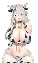 Rule 34 | 1girl, animal ears, animal print, antlers, arm under breasts, bare shoulders, bell, bikini, black hair, black nails, braid, braided bangs, breasts, ceres fauna, cleavage, closed eyes, collar, cow ears, cow print, cow print bikini, cowbell, curvy, desspie, earrings, fingerless gloves, flower, gloves, grey hair, hair flower, hair ornament, highres, hololive, hololive english, horns, huge breasts, jewelry, multicolored hair, navel, open mouth, print bikini, qilin (mythology), simple background, smile, solo, string bikini, swimsuit, thighhighs, virtual youtuber, white background, wide hips