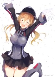 Rule 34 | 10s, 1girl, anchor hair ornament, arms up, blonde hair, breasts, cross, closed eyes, gloves, hair ornament, hat, iron cross, jumping, kantai collection, konkito, large breasts, low twintails, microskirt, military, military hat, military uniform, open mouth, outstretched arms, peaked cap, prinz eugen (kancolle), simple background, skirt, smile, solo, twintails, uniform, white background, white gloves