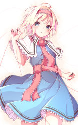 Rule 34 | :o, alice margatroid, aqua eyes, blonde hair, blue dress, dress, eyebrows, hairband, highres, looking at viewer, nankotsu, open mouth, perfect cherry blossom, short hair, standing, touhou
