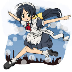 Rule 34 | andou mahoro, black eyes, black hair, jumping, long hair, mahoromatic, maid, mary janes, nemuro nao, outstretched arms, shoes, solo, spread arms
