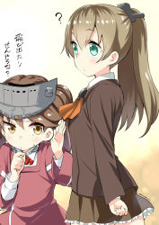 10s 2girls aqua_eyes artist_name ascot brown_eyes brown_hair brown_jacket brown_skirt hair_between_eyes highres jacket japanese_clothes kantai_collection kariginu kumano_(kancolle) long_hair long_sleeves magatama multiple_girls orange_ascot pleated_skirt ponytail ryuki_(ryukisukune) ryuujou_(kancolle) shirt skirt translation_request twintails visor_cap white_shirt