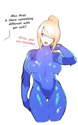 Rule 34 | 1girl, absurdres, bodypaint, bodysuit, breasts, cleft of venus, combos &amp; doodles, english text, false clothes, female focus, highres, large areolae, large breasts, metroid, naked paint, nintendo, nipples, nude, painted clothes, pussy, samus aran, simple background, solo, speech bubble, standing, sweat, tagme, uncensored, white background, zero suit