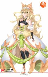 Rule 34 | 1girl, bare shoulders, blonde hair, bow, breasts, celine (fire emblem), commentary, commission, crazzeffect, crown, detached sleeves, fire emblem, fire emblem engage, flower, full body, green bow, green eyes, hand up, highres, long hair, looking at viewer, nintendo, skirt, small breasts, smile, solo, standing, underboob, very long hair, white flower, white skirt