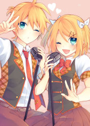 Rule 34 | 1boy, 1girl, ;d, belt, blonde hair, blue eyes, bow, bowtie, brother and sister, colored eyelashes, hair ornament, hair ribbon, hairclip, heart, hinata (princess apple), kagamine len, kagamine rin, microphone stand, necktie, one eye closed, open mouth, ribbon, short hair, short ponytail, short sleeves, siblings, simple background, smile, twins, two side up, v, vest, vocaloid, white ribbon